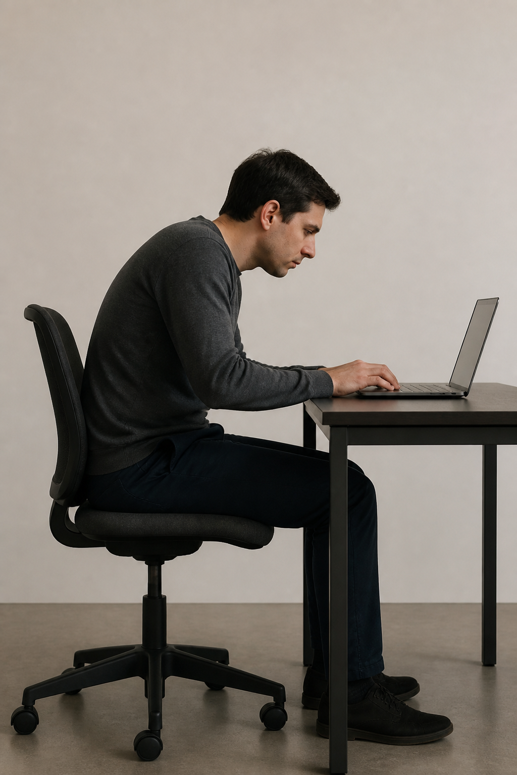 Persona encorvada al computador, mala postura